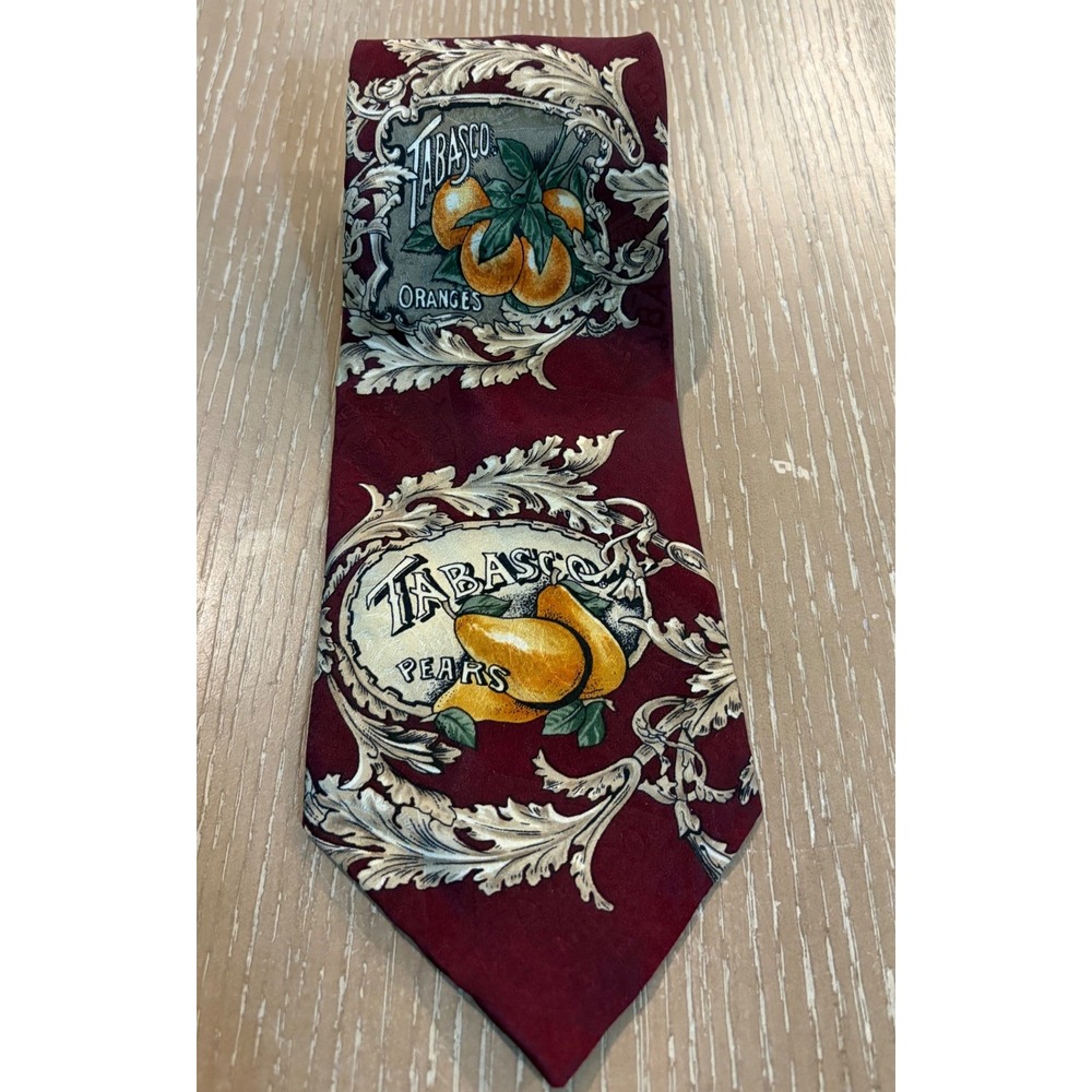 Tabasco Fruit Label Silk Necktie Oranges Pears Burgundy Novelty Tie YTS 100 Silk
